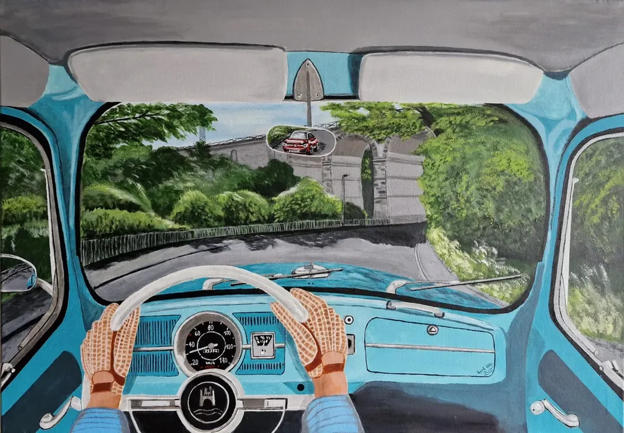 Acrylbild: Blick vom Fahrersitz eines türkisen VW Käfers, Hände in Fahrhandschuhen am Lenkrad, im Rückspiegel ein rotes Auto